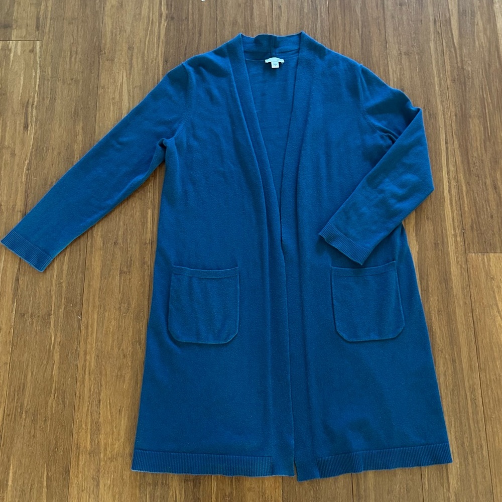 Moving sale J. Jill Long Cotton Blend Open Front Blue Cardigan
